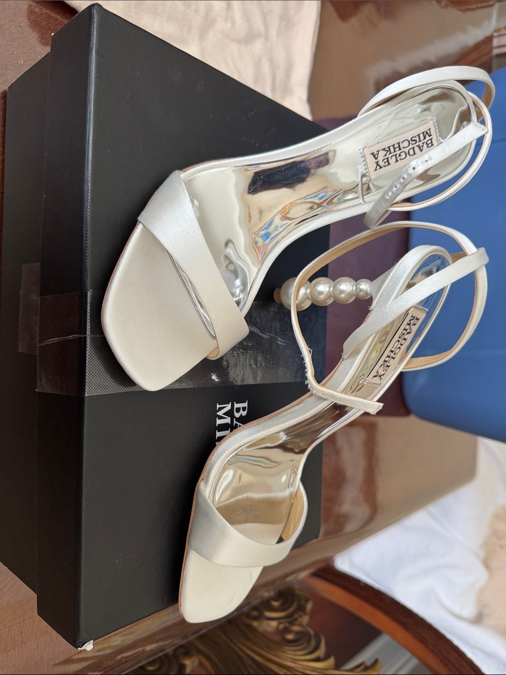 Badgley Mischka Ivory Satin Pearl-Accent Evening Heels